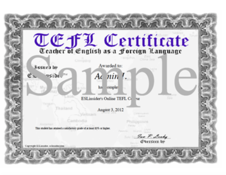 TEFL certificate sample from ESLinsider