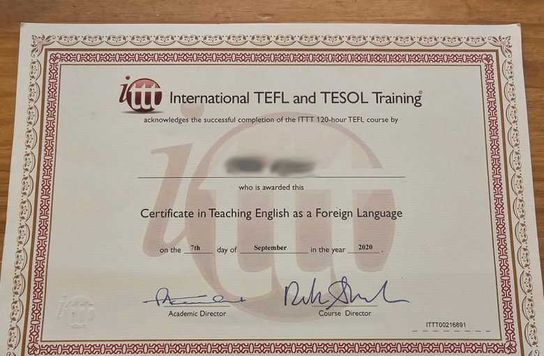 The front side of the ITTT International TEFL and TESOL Training course certificate.