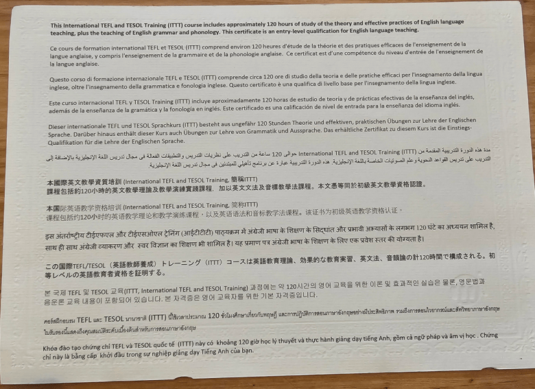 The reverse side of the ITTT International TEFL and TESOL Training course certificate.